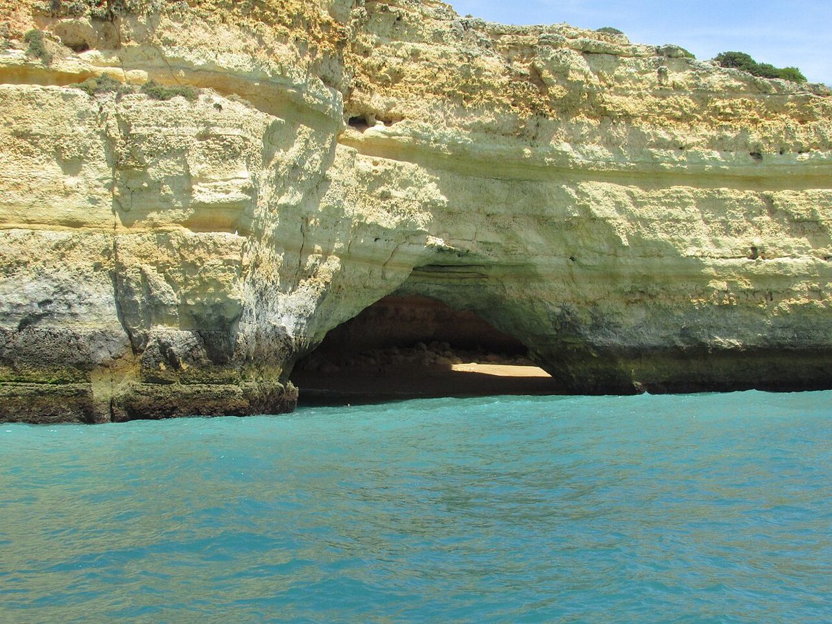 The sea entrance to the Algar de Benagil cave in the limestone cliffs of the central Algarve