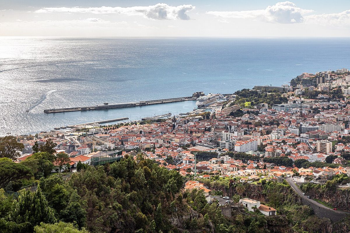 Funchal and its harbour seen from the hillside above the city, with a cruise ship at the quay
