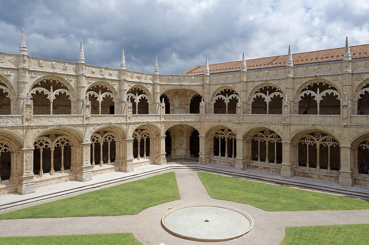 Two storeys of carved Manueline arcading around the cloister of the Jerónimos Monastery in Belém