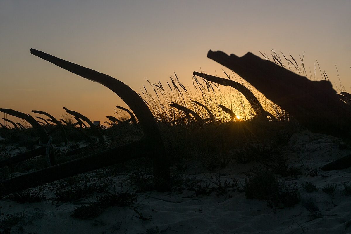 Rows of rusting anchors standing upright in the dunes behind Praia do Barril near Tavira