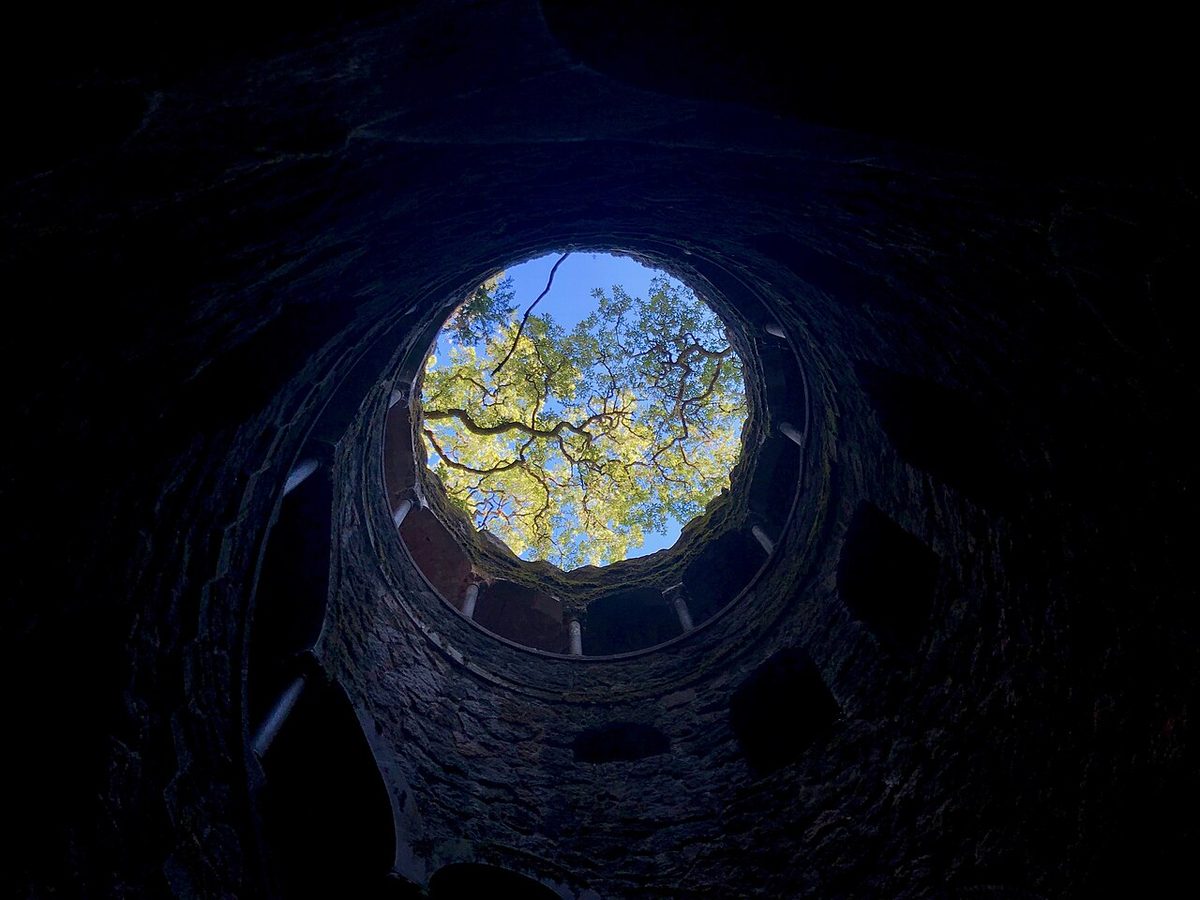 Looking up the spiral levels of the initiation well at Quinta da Regaleira in Sintra