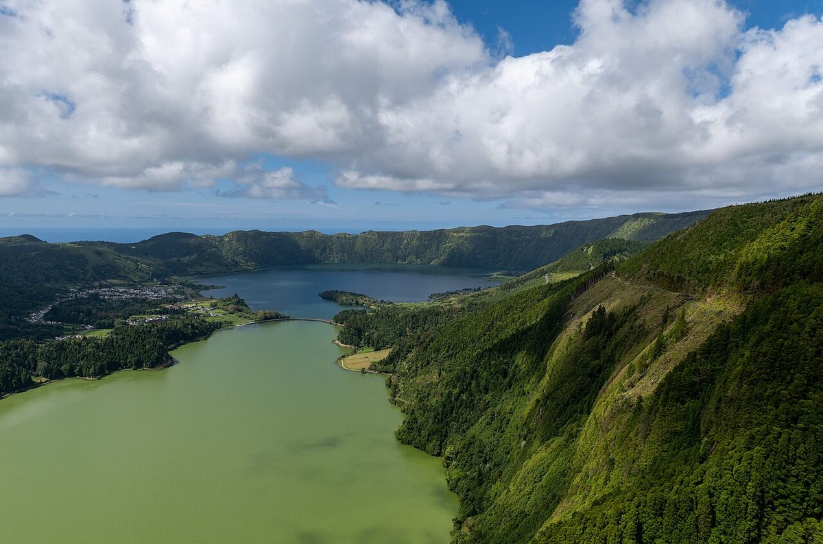 The green and blue lakes of Sete Cidades inside a volcanic caldera on São Miguel, Azores
